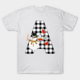 BW Buffalo Checks Pattern Monogram A | Snowman T-Shirt